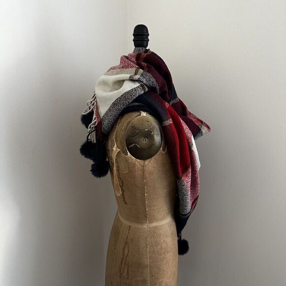 LOFT Outlet Plaid Scarf with Faux Fur Poms 79" X 28" Soft Red Navy Cream NWT - Picture 2 of 7